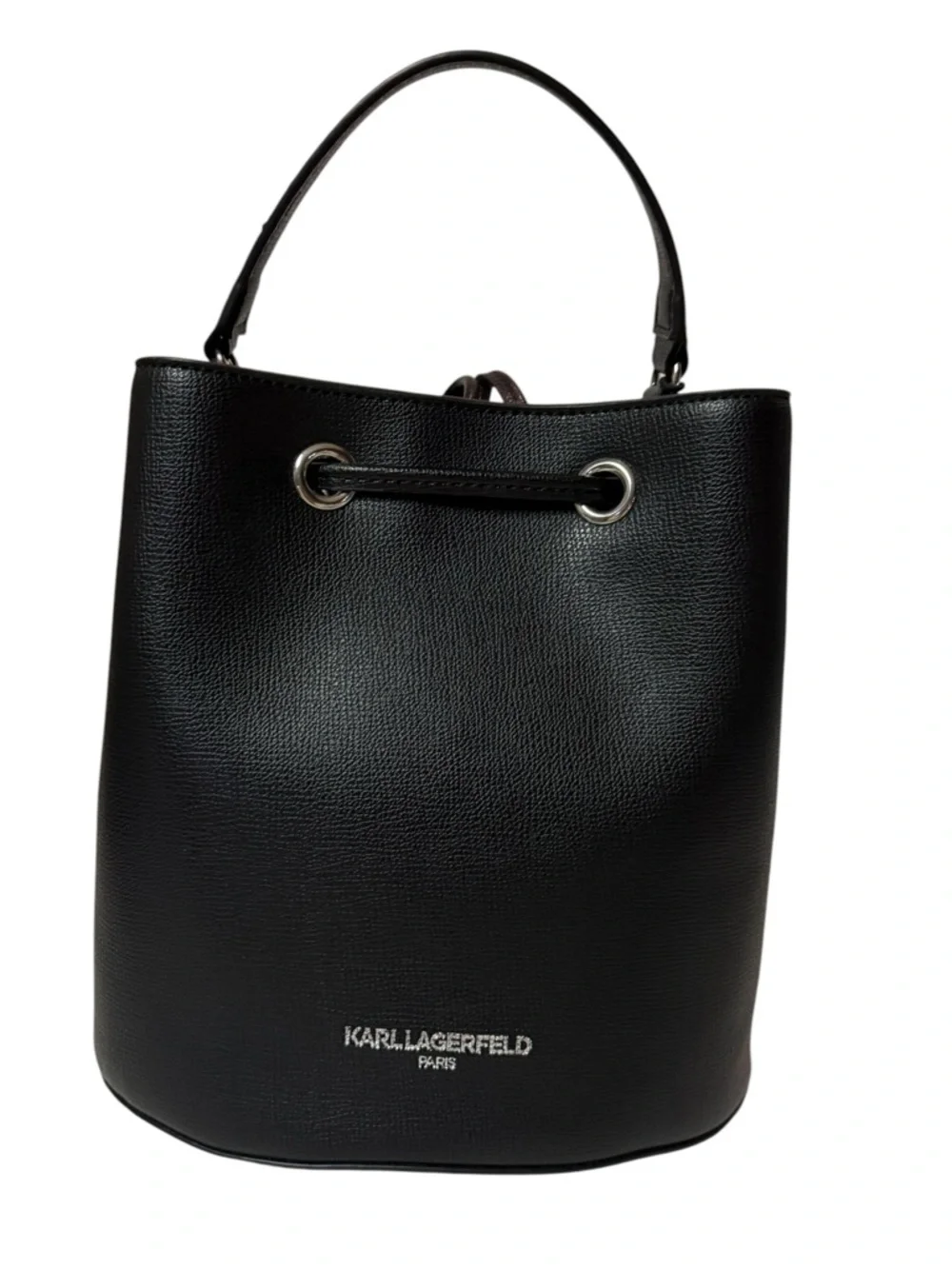 Karl Lagerfeld Black Faux Leather Bucket Bag With Drawstring. - Picture 3 of 9
